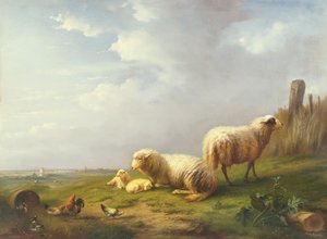 Moutons et poules dans un paysage, XIXe siècle